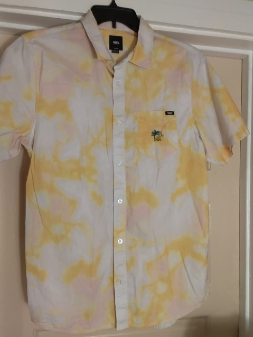 Vans Men's Yellow and White Tie-Dye Short Sleeve Button-Up Shirt